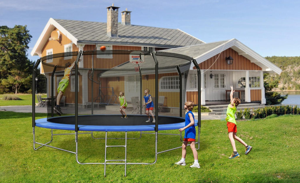 14 FT Trampoline with Basketball Hoop, Safety Enclosure Net, 800LBS Capacity 5-6 Kids, Waterproof Mat and Ladder, Outdoor Backyard Trampolines, Basketball Trampoline for Kids/Adults