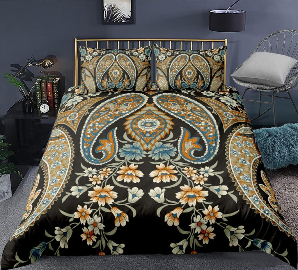 CoutureBridal  Boho Floral Duvet Cover 3 Pieces Soft Microfiber Southwestern Bohemian Paisley Duvet Cover Queen Size with Zipper Corner Ties for Women Men