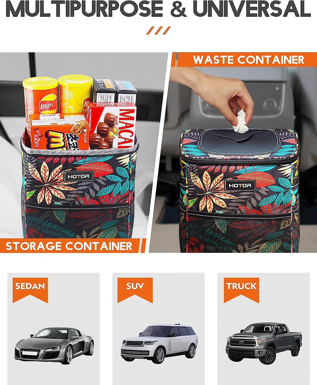 HOTOR Car Trash Can, Multifunctional &amp; Fashionable Car Accessory for Interior Use, Waterproof &amp; Leakproof Car Organizer and Storage Bag with Adjustable Straps, Magnetic Buckles (Colorful Leaves)