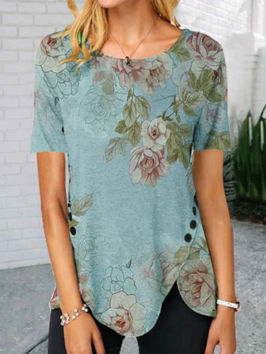 Round Neck Floral Print Short-sleeved T-shirt