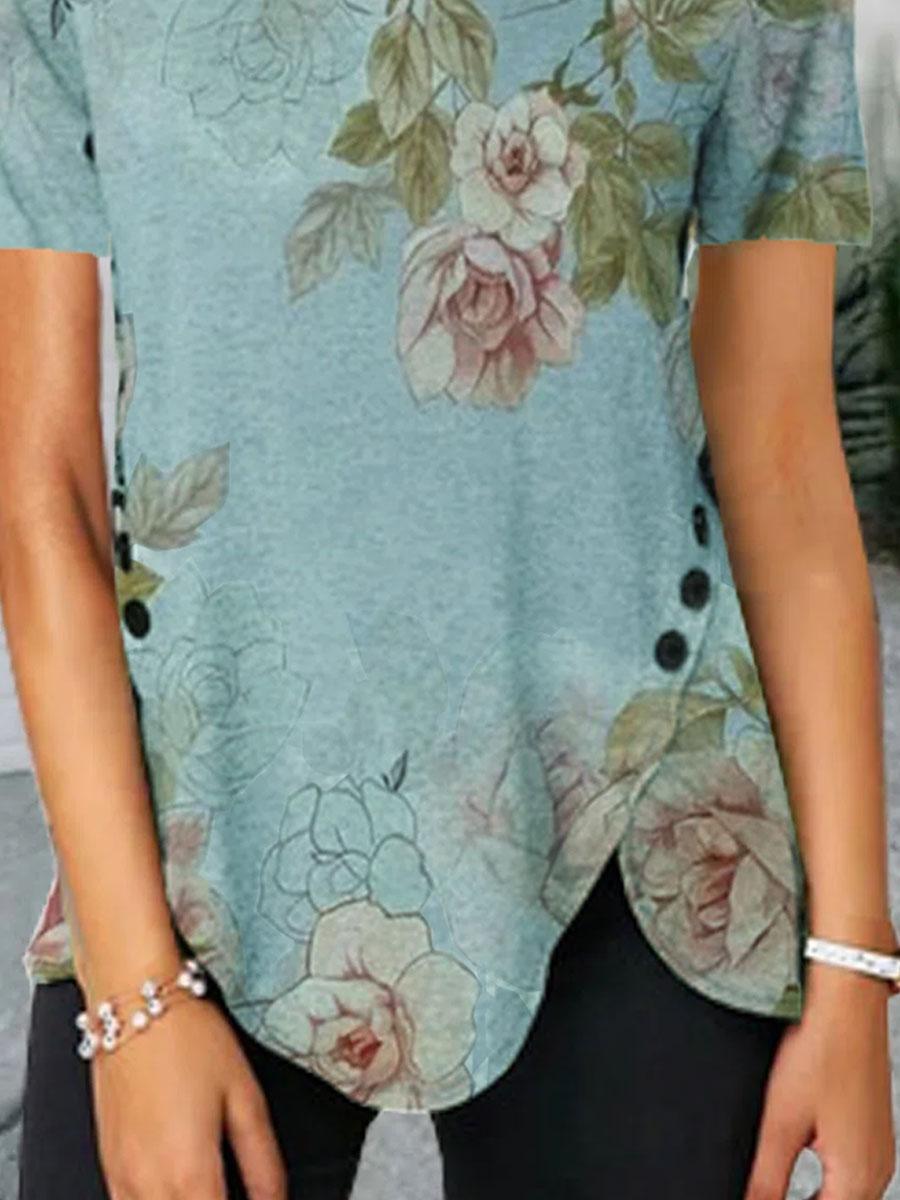 Round Neck Floral Print Short-sleeved T-shirt