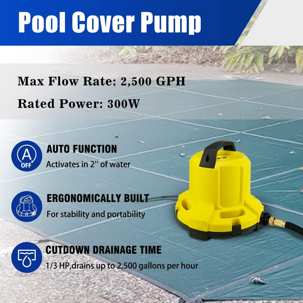 JANZ 2500 GPH Automatic Pool Cover Pump Above Ground,1/3 HP Submersible Pump with 25 FT DrainaHose Kit and Positioning Rope,Water Removal Pump for Pool Cover,Pool and More