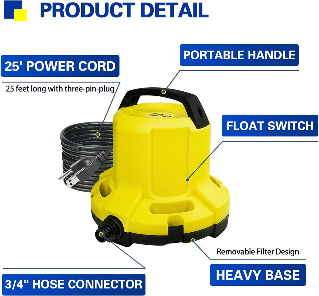 JANZ 2500 GPH Automatic Pool Cover Pump Above Ground,1/3 HP Submersible Pump with 25 FT DrainaHose Kit and Positioning Rope,Water Removal Pump for Pool Cover,Pool and More