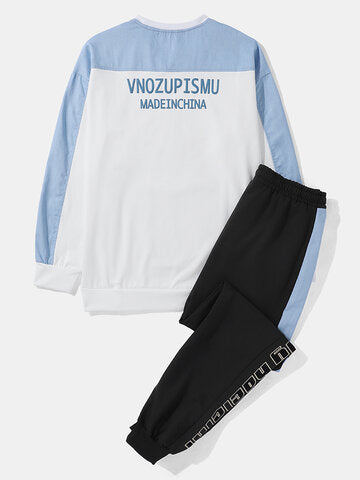 mens contrast patchwork letter print sweatshirt casual two pieces outfits