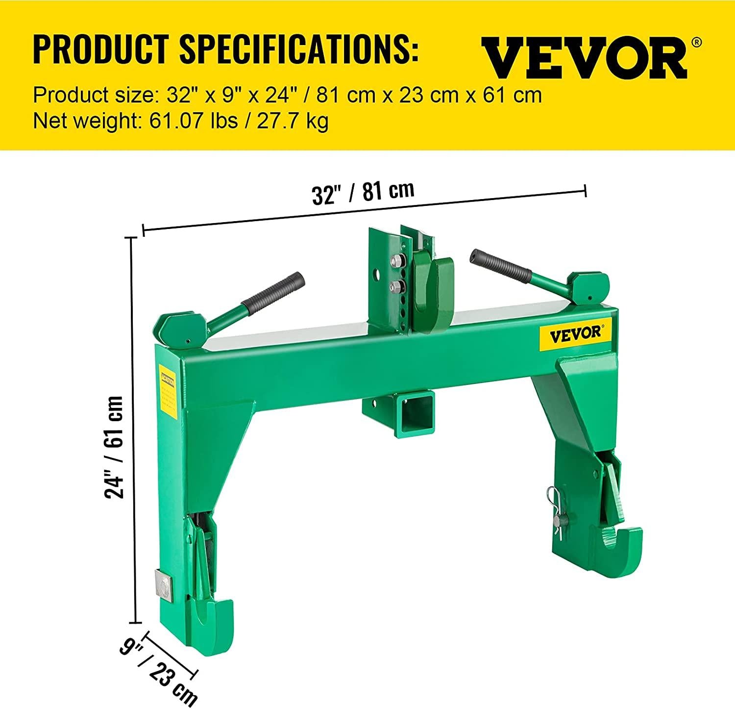 3-Point  Hitch, 3000 LBS Lifting Capacity Tractor  Hitch, 27.5" Between Lower Arms Attachments  Hitch, No Welding & 5 Level Adjustable Bolt, Adaptation to Category 1 & 2 Tractors