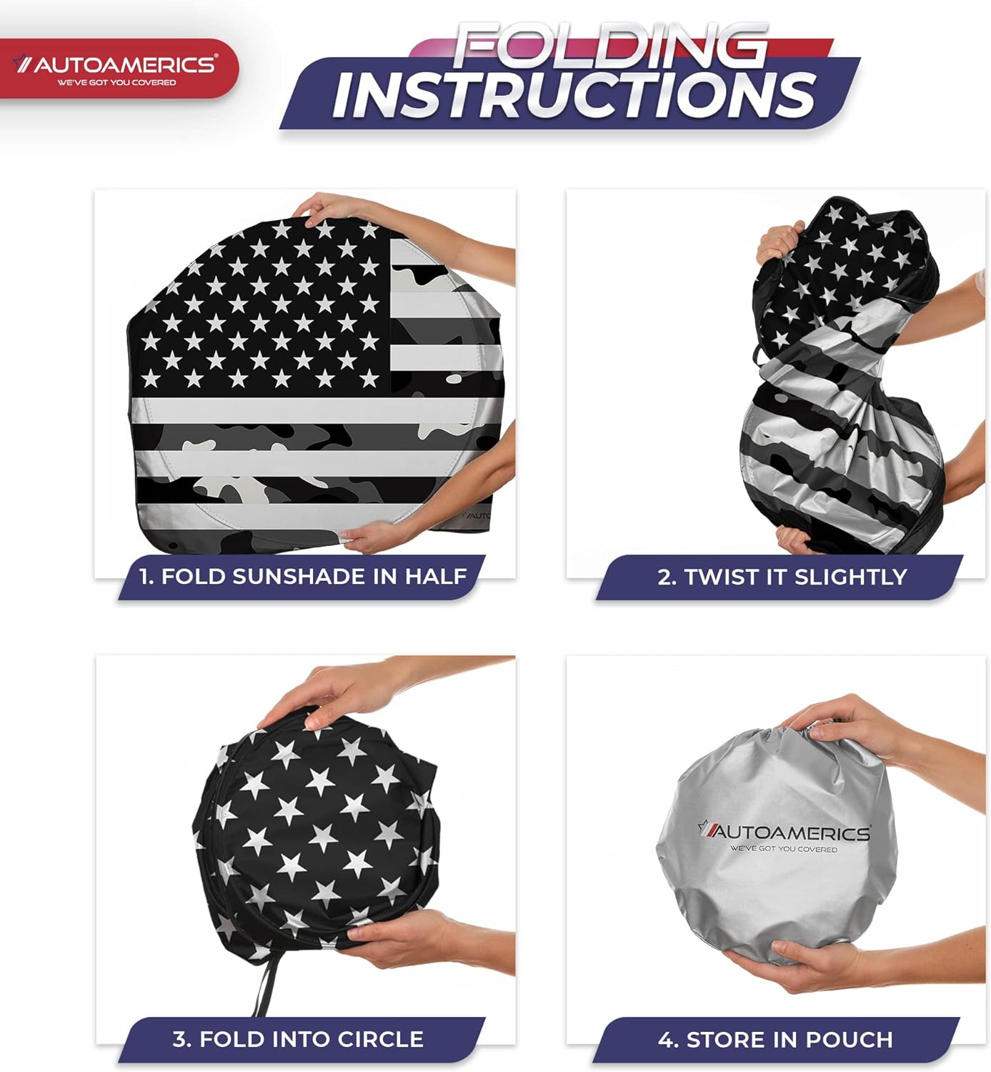 Autoamerics 1-Piece Windshield Sun Shade B&amp;W Camo American Flag USA  - Foldable Car Front Window Sunshade for Most Sedans SUV Truck - Blocks Max UV Rays and Keeps Your Vehicle Cool - Large