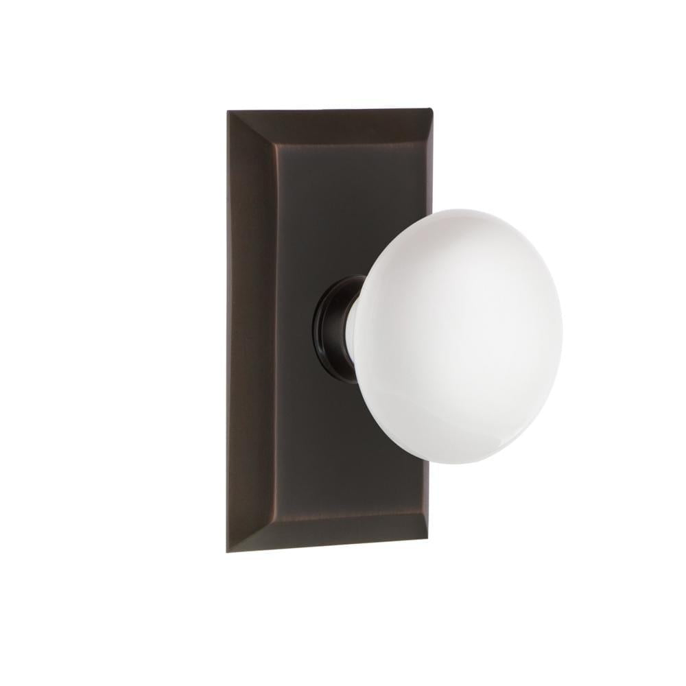 Studio Plate 2-3/8 in. Backset Timeless Bronze PassaHall/Closet White Porcelain Door Knob