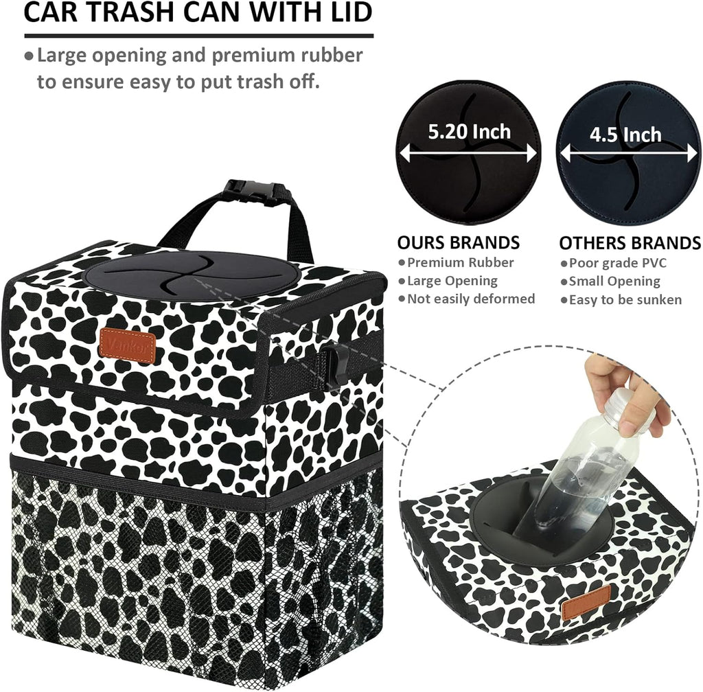 Vankor Car Trash Can for Car Cute Bag Bin Hanging Waterproof Automotive Car Garbage Cans Leak Proof Vehicle Trash Can Cow Print
