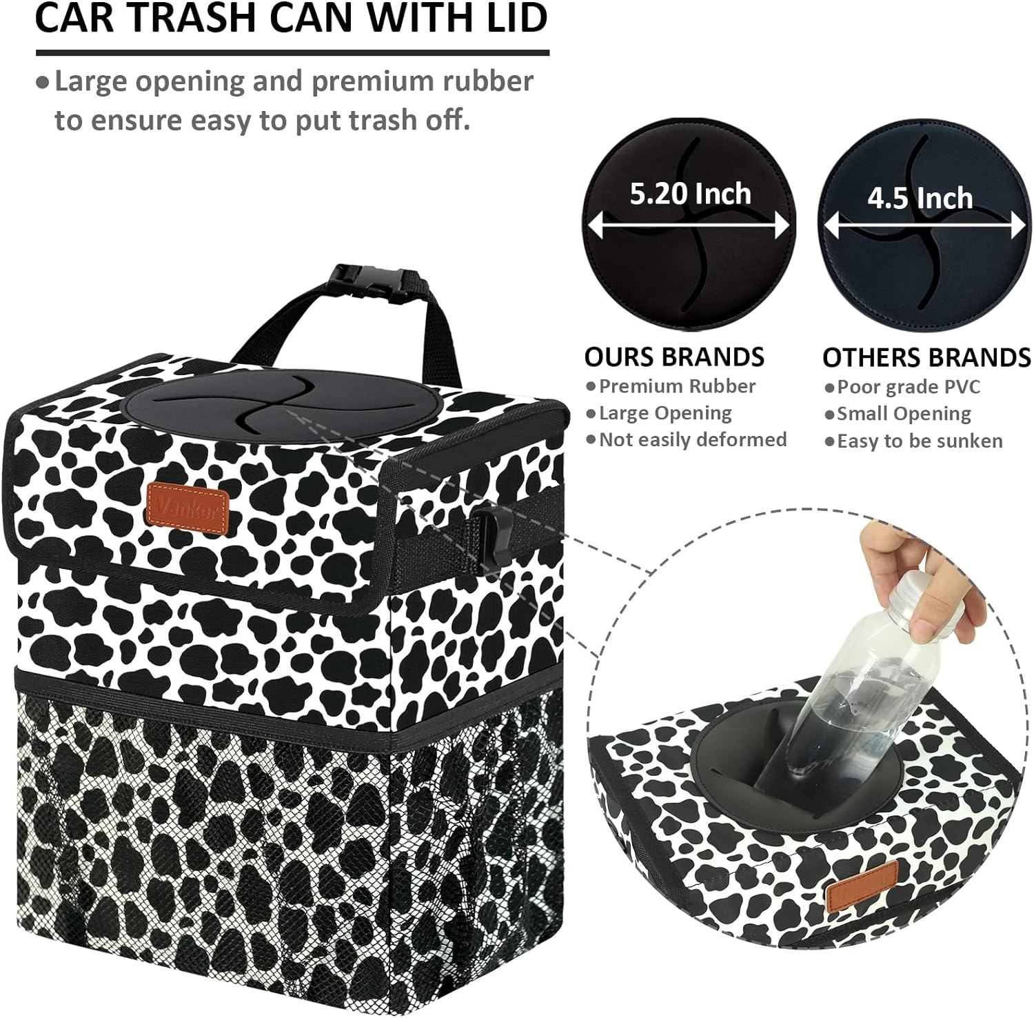 Vankor Car Trash Can for Car Cute Bag Bin Hanging Waterproof Automotive Car Garbage Cans Leak Proof Vehicle Trash Can Cow Print