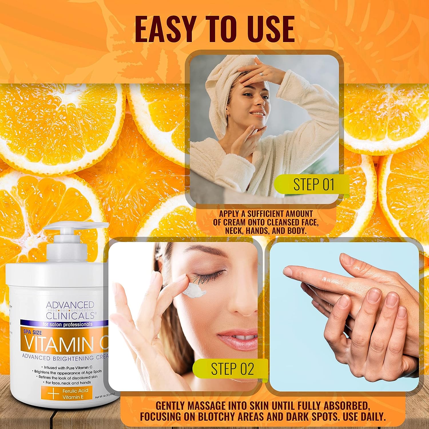 Advanced Clinicals Vitamin C Face &amp; Body Cream Moisturizing Skin Care Lotion, Anti Aging Vitamin C Skincare Moisturizer For Body, Face, Age Spots, Wrinkles, &amp; Sun Damaged Skin, Large 16oz (2-Pack)
