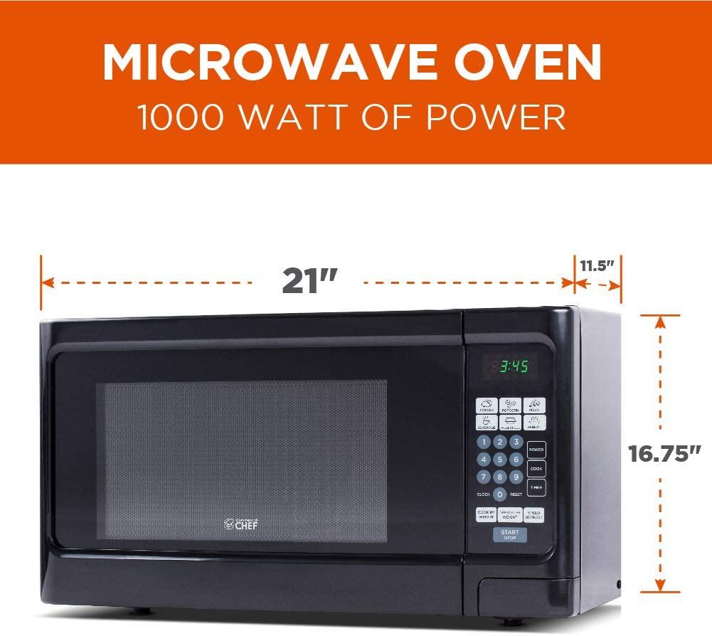 Countertop 1.1 Cubic Feet Microwave Oven, 1000 Watt, Black Front with Black Cabinet, Commercial Chef CHCM11100B
