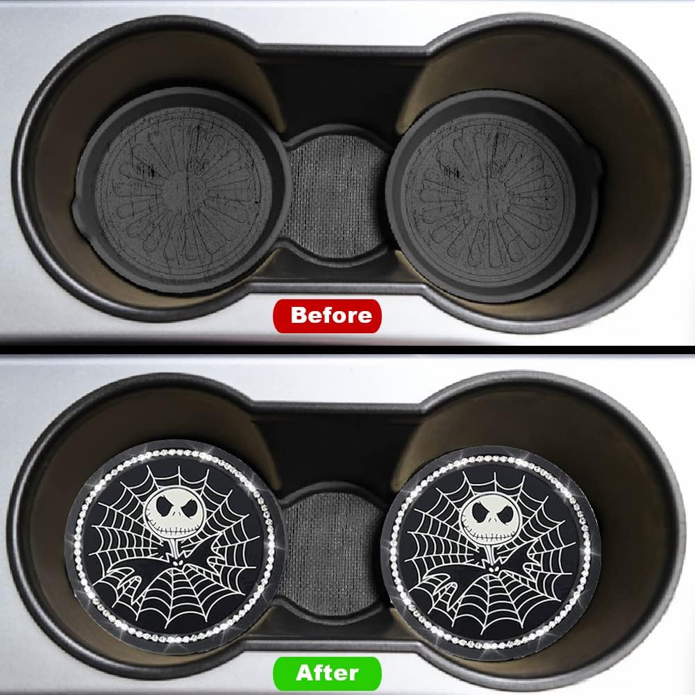 2PCS Nightmare Before Christmas Jack Skellington Car Cup Holders Coasters,Black Silicone Anti-Slip Car Coasters,2.75 Inch