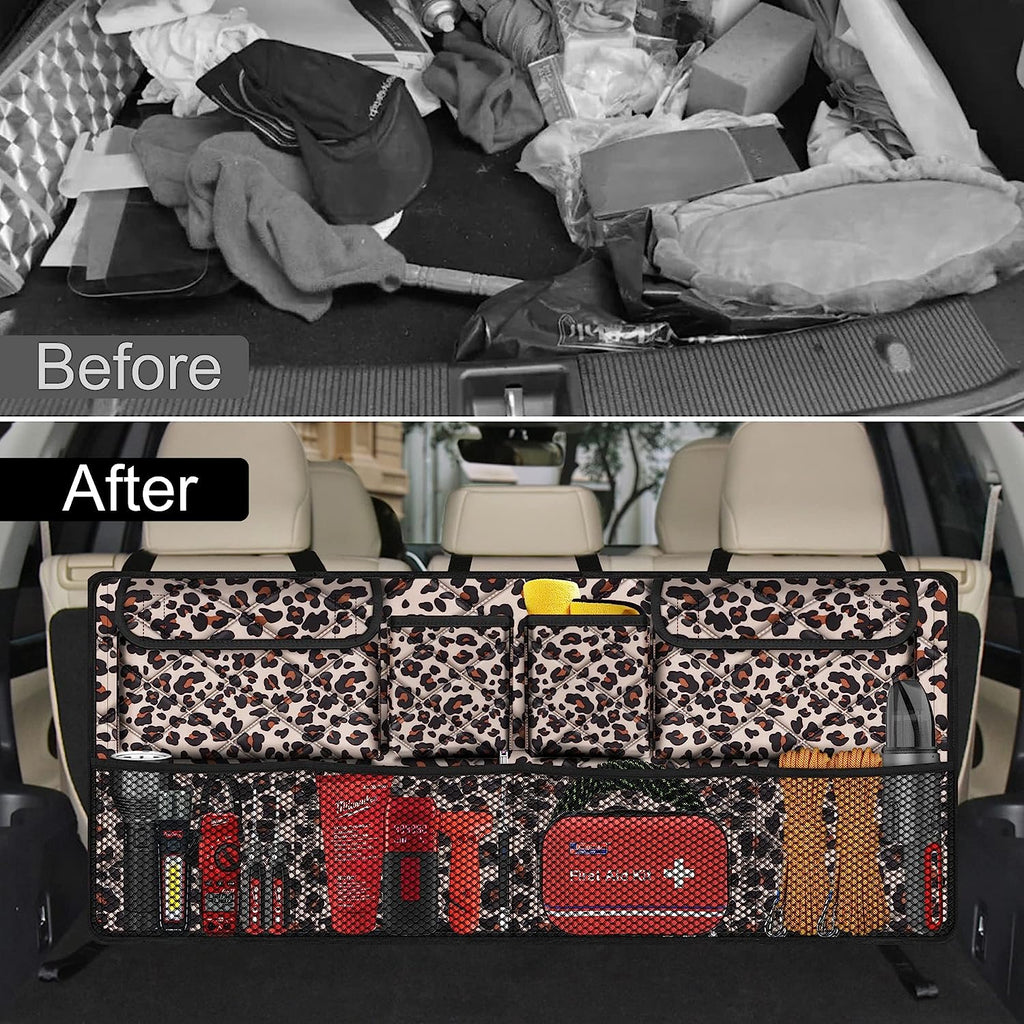 Car Trunk Organizer,Large Capacity Backseat Trunk Organizer(42"*18"),Collapsible Car Storage Bag with 8 Pocekt,Car Organizer for SUV/MPV/Truck - Leopard print