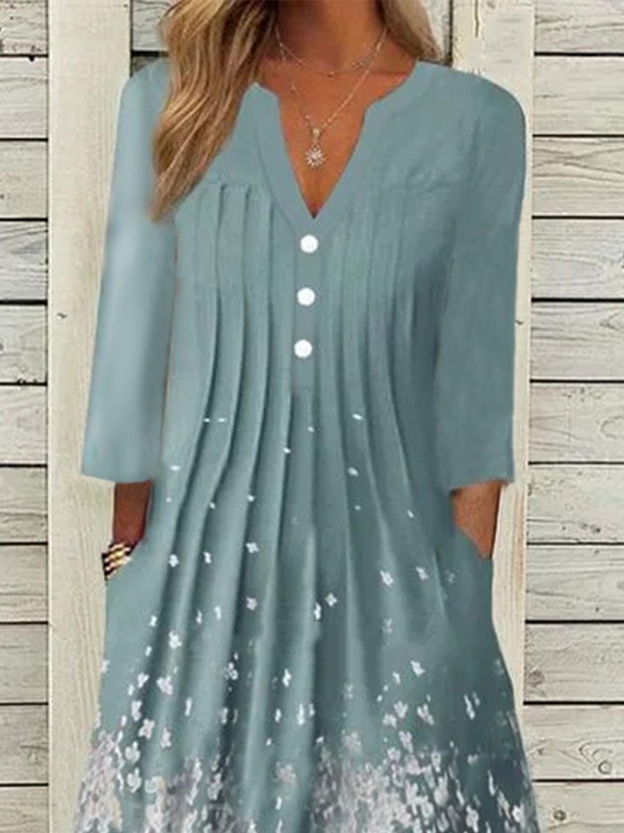 Flower Print V-neck Decorative Button Long-sleeved Maxi Dress