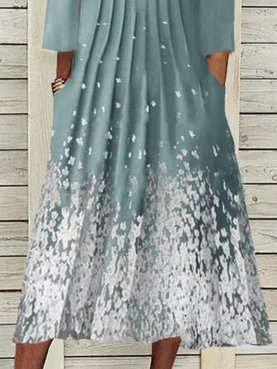 Flower Print V-neck Decorative Button Long-sleeved Maxi Dress