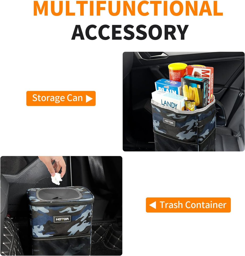 HOTOR Car Trash Can, Multifunctional Car Accessory for Interior Car Stuff Storage with Compact Design, Waterproof Car Organizer and Storage with Adjustable Straps, Magnetic Snaps (Camouflage Blue)