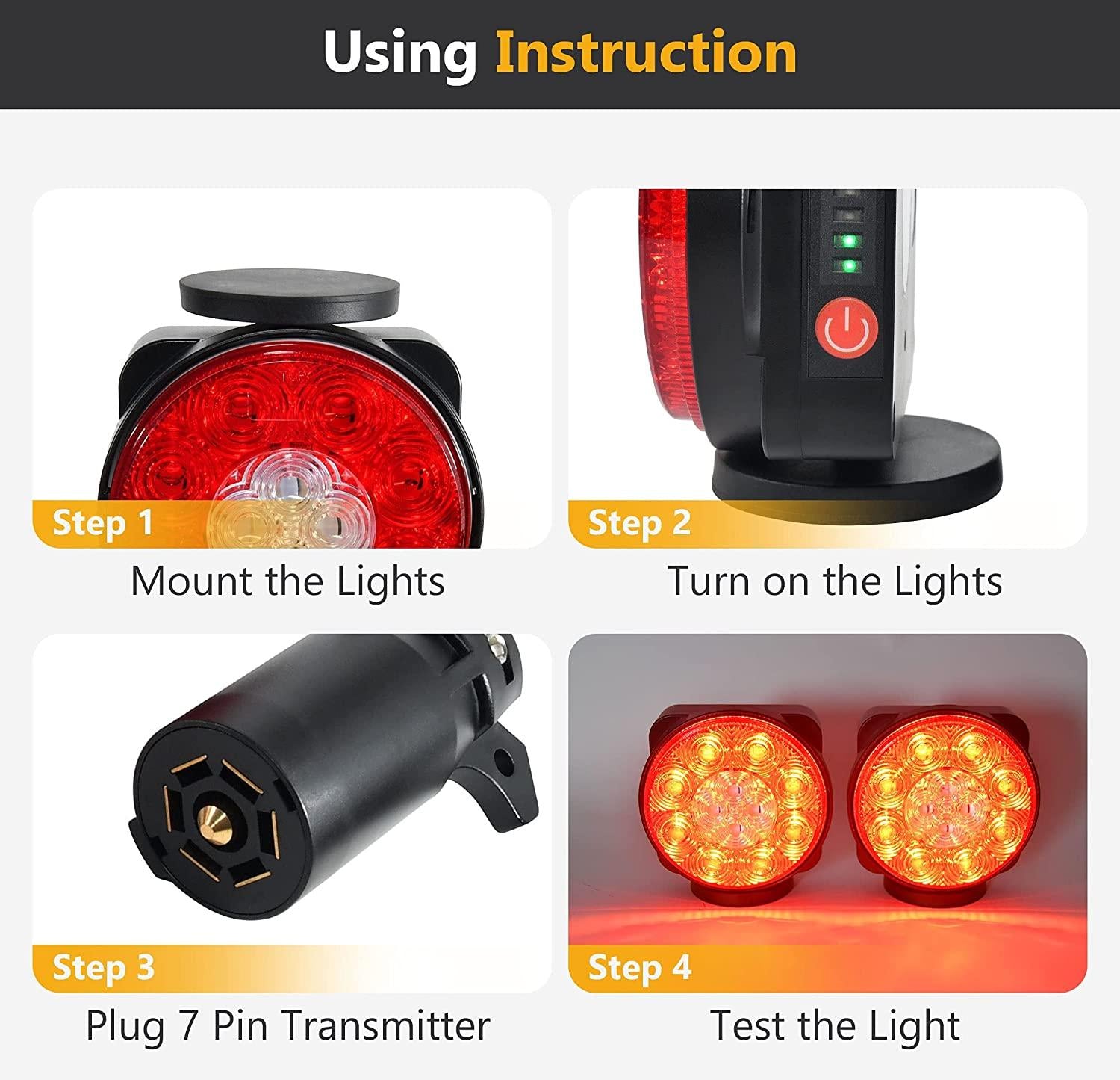 Oyviny Wireless Trailer Lights Kit Magnetic Rechargeable Trailer LED Lights for Utility Trailer, RV, Camper, Boat Trailer, Truck, Turn Signal Tail Light Kit with 7 Way RV Connector