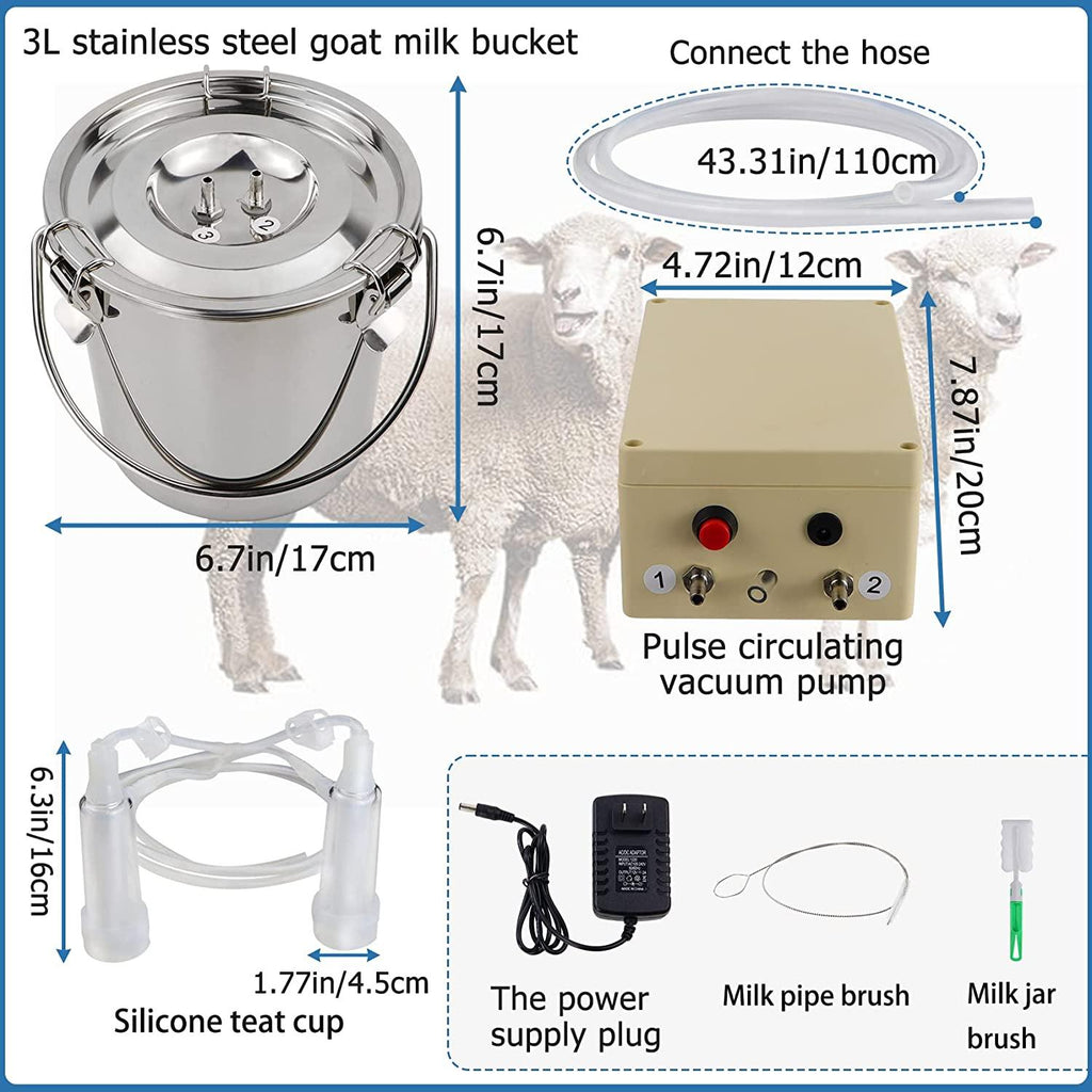 Goat MilMachine 3L, Automatic Pulsation Vacuum Pump Milker, Portable Pulse Electric Milker with Vacuum Pump & Portable  Bucket for Goats（US Plug） (3L Goat)