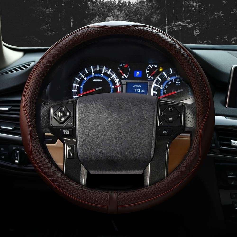 Valleycomfy Steering Wheel Covers Universal 15 inch - Genuine Leather, Breathable, Anti Slip &amp; Odor (Coffee, M(14" 1/2-15" 1/4))