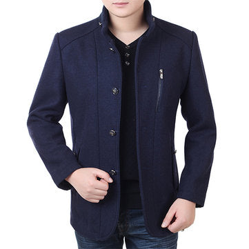 casual thick stand collar patchwork single breasted woolen coat for men