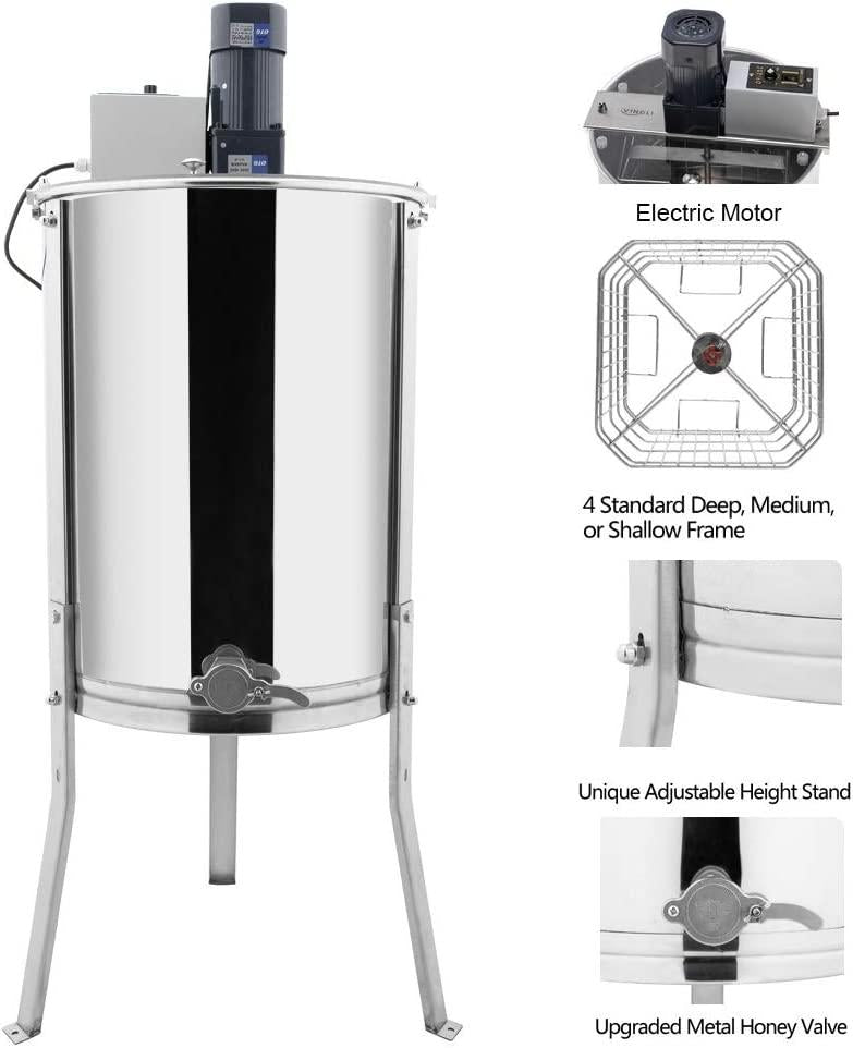 Electric 4 Frame Honey Extractor Separator,Food Grade  Steel Honeycomb Spinner Drum with Adjustable Height Stands,Beekeeping Pro Extraction Apiary CentrifuEquipment