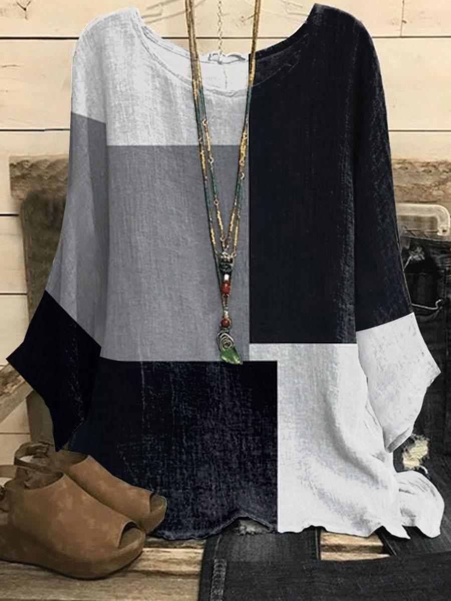 Round Neck Geometric Print Casual Loose Long-sleeved Blouse