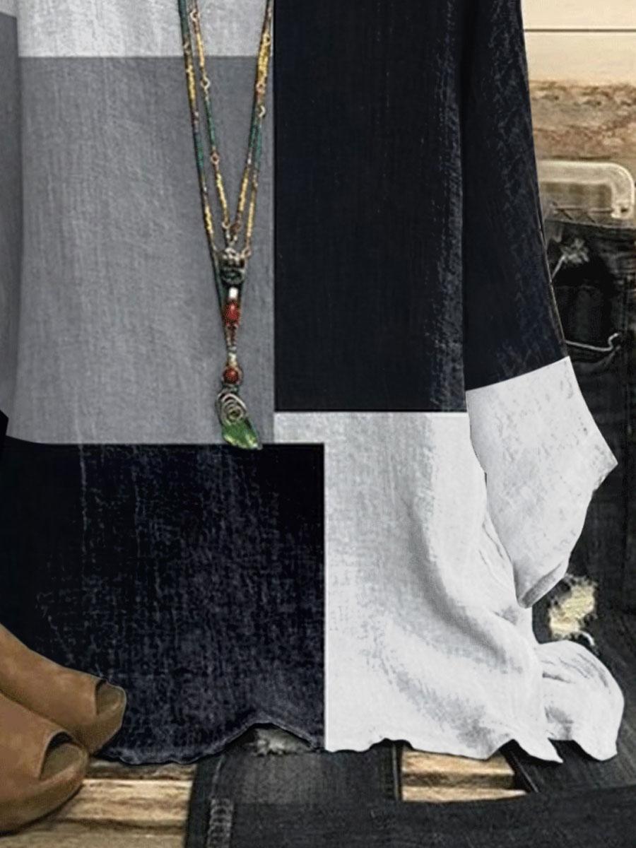 Round Neck Geometric Print Casual Loose Long-sleeved Blouse