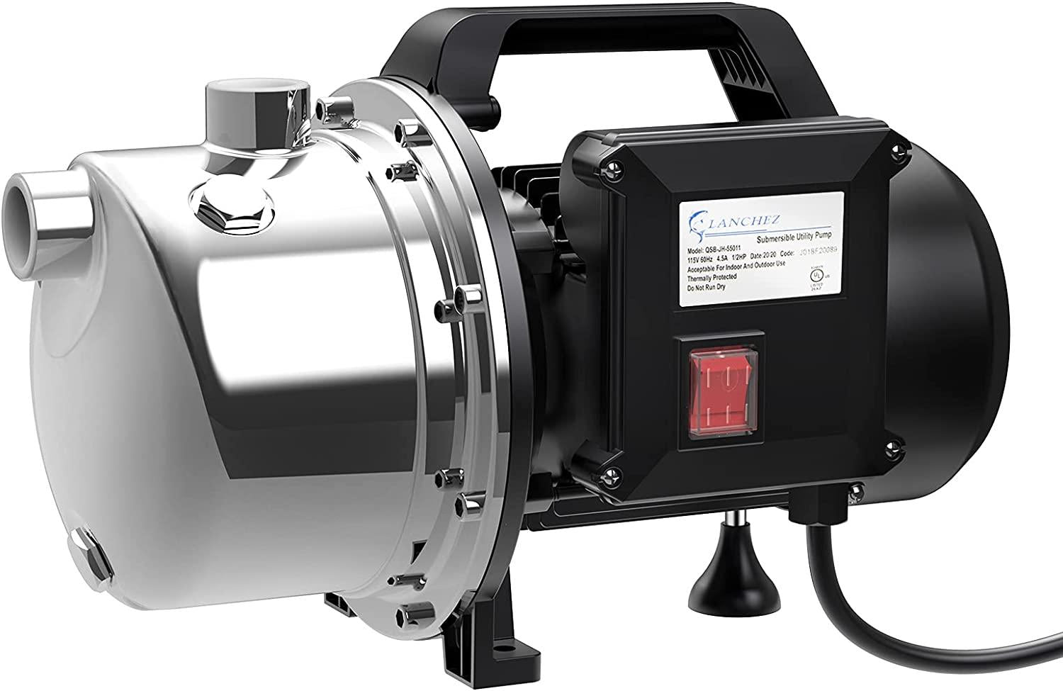 Lanchez 1 HP Shallow Well Pump，Garden Pump, Portable  Steel Water Transfer Draining Irrigation Jet Pump for Water Removal, Lawn Fountain Pump 1294 GPH 147 Feet Height