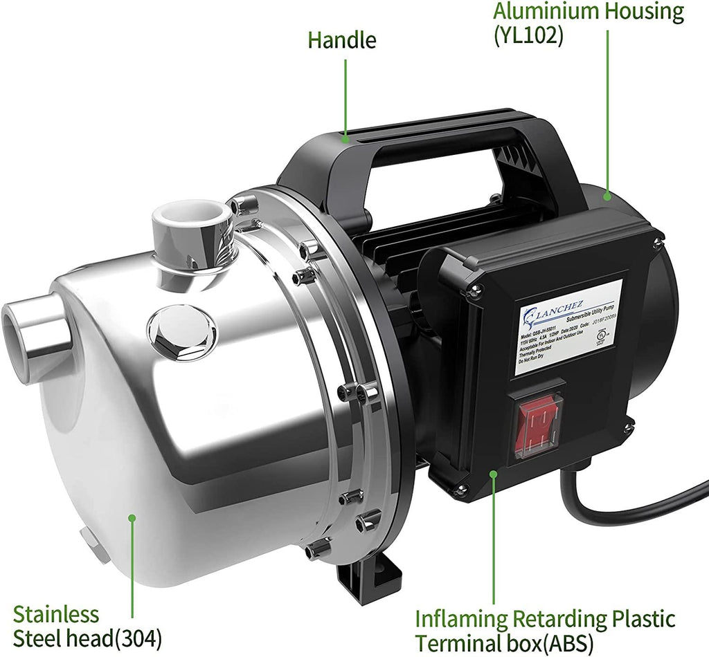 Lanchez 1 HP Shallow Well Pump，Garden Pump, Portable  Steel Water Transfer Draining Irrigation Jet Pump for Water Removal, Lawn Fountain Pump 1294 GPH 147 Feet Height