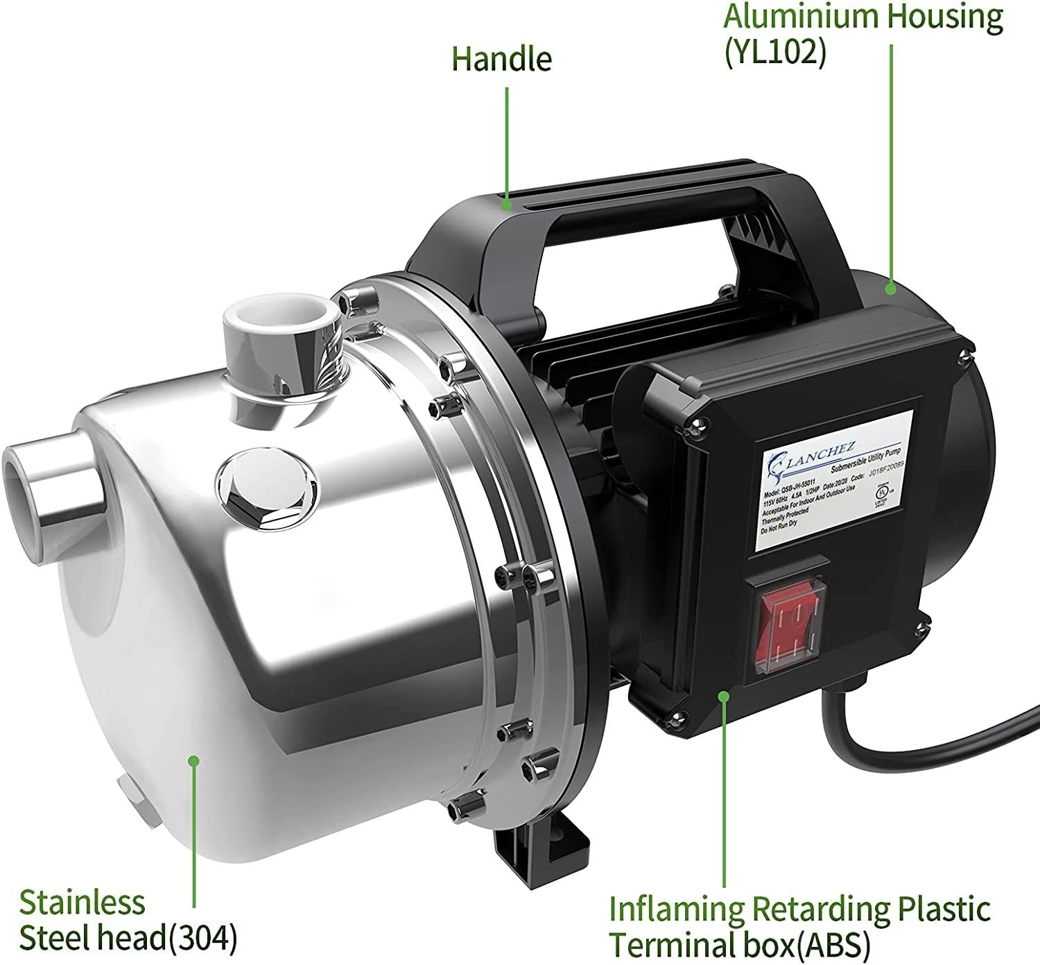 Lanchez 1 HP Shallow Well Pump，Garden Pump, Portable  Steel Water Transfer Draining Irrigation Jet Pump for Water Removal, Lawn Fountain Pump 1294 GPH 147 Feet Height