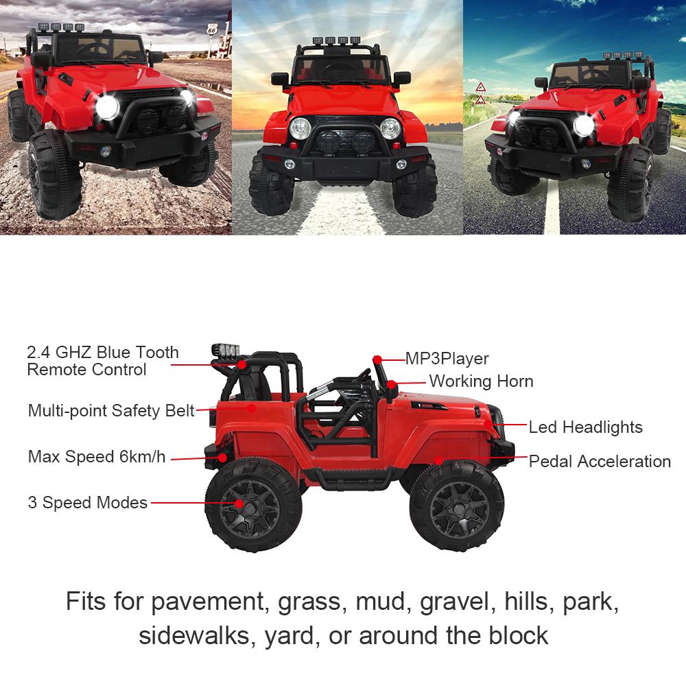 Electric Cars for Kids, 12V 3 Speeds Ride On Car Truck for Child 3-8, LED Lights Power Wheels with Remote Control, Spring Suspension for Christmas Gifts to Ride on Pavement Grass Mud, Red, Q0187