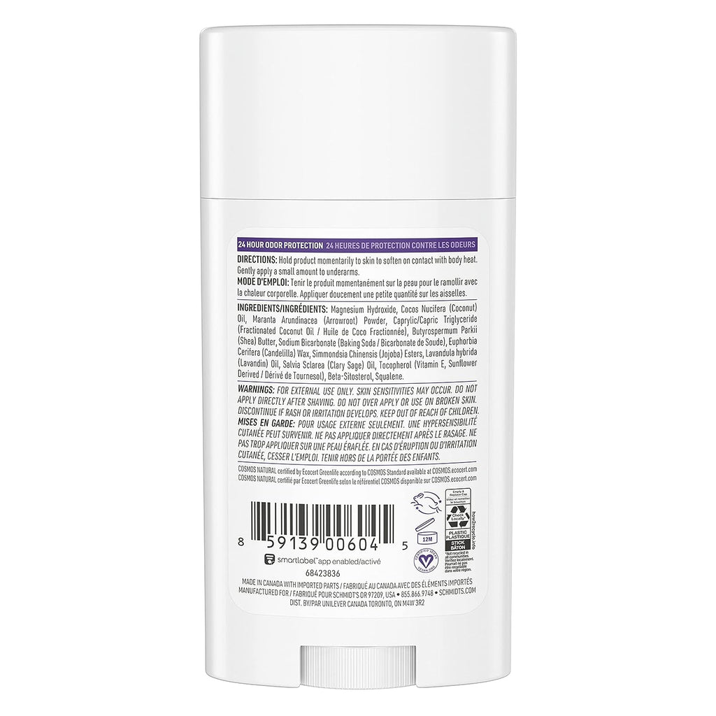 Schmidt's Aluminum Free Natural Deodorant for Women and Men, Lavender and Sage with 24 Hour Odor Protection, Vegan, Cruelty Free, 2.65 Oz, Pack of 2