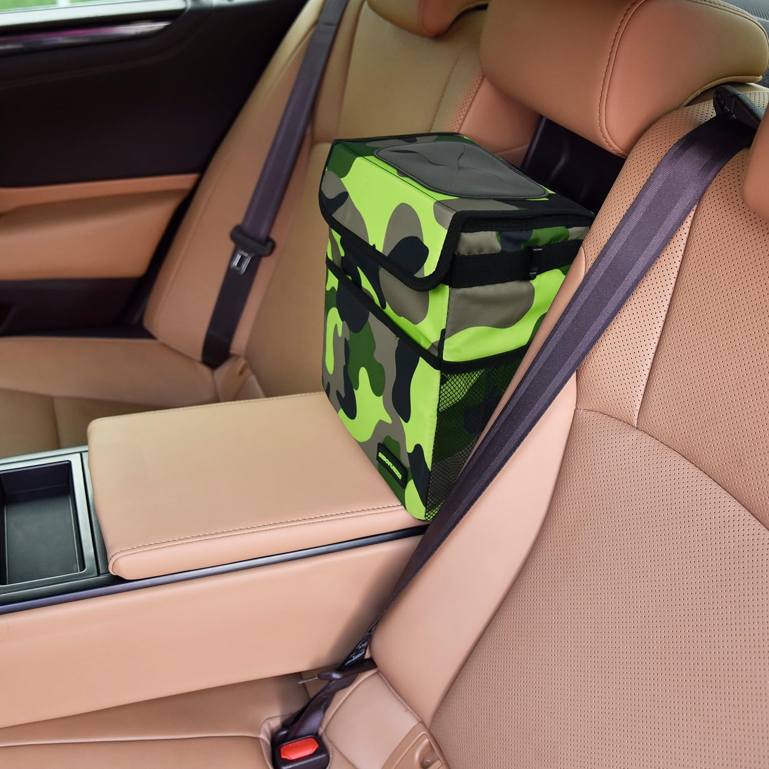 SIBOFUEGO Cute Car Trash Can with Lid - Leak Proof Car Trash Bag Hanging Waterproof Car Garbage Can with Storage Pockets Multipurpose Collapsible Car Organizer (Camo Green)