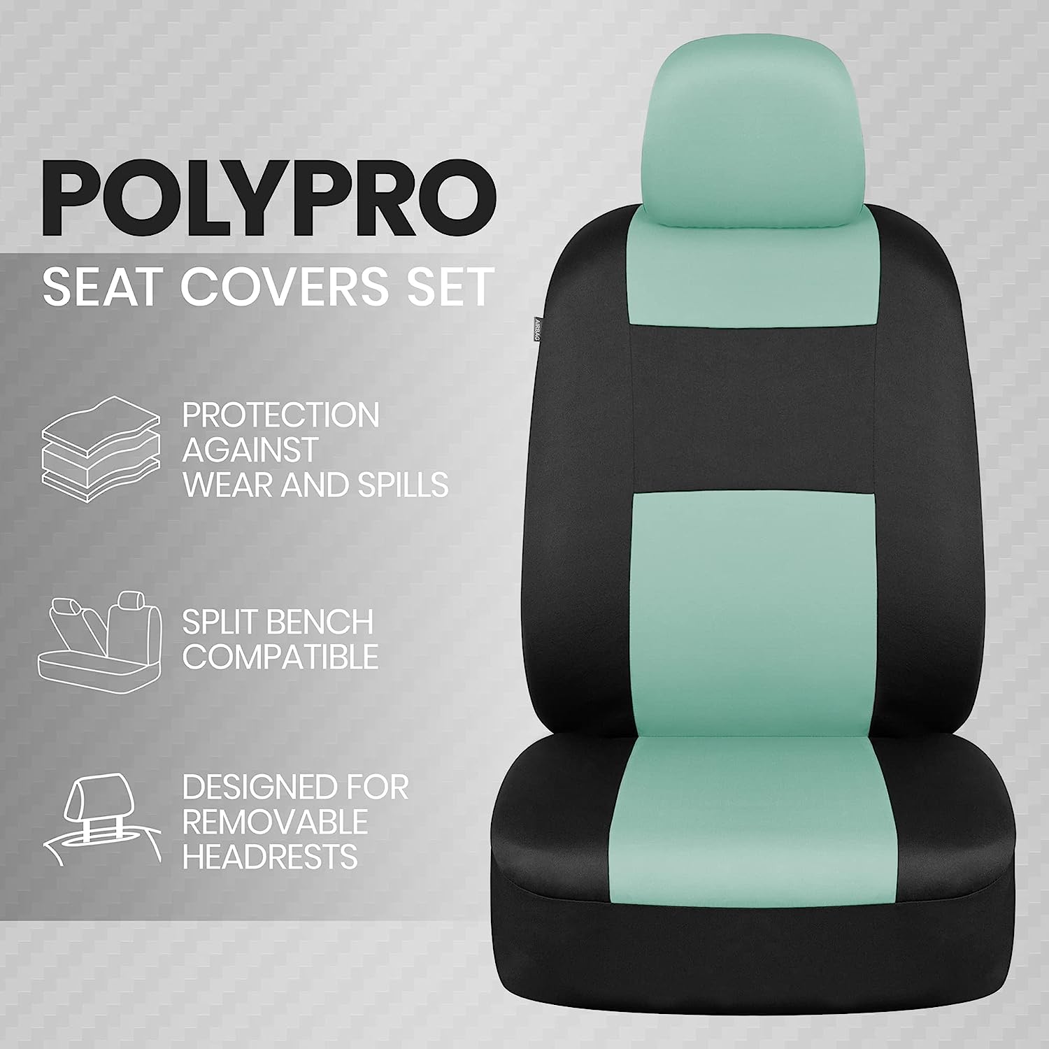 BDK PolyPro Car Seat Covers Full Set in Mint on Black – Front and Rear Split Bench Seat Covers for Cars, Easy to Install Car Seat Cover Set, Car Accessories for Auto Trucks Van SUV