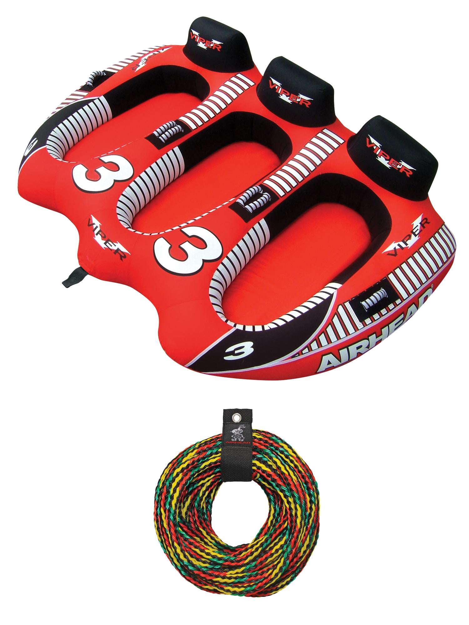 AIRHEAD Viper 3 Triple Rider Cockpit Inflatable Towable Tube &amp; 60' Tow Rope