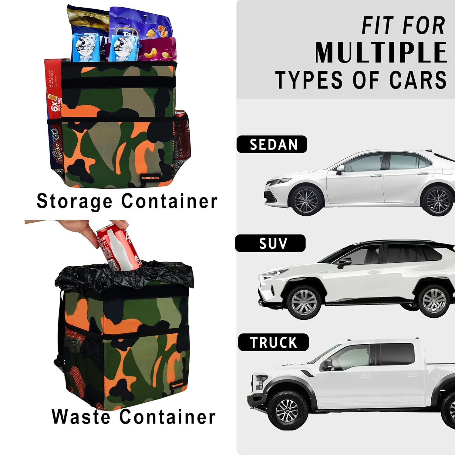 SIBOFUEGO Cute Car Trash Can with Lid - Leak Proof Car Trash Bag Hanging Waterproof Car Garbage Can with Storage Pockets Multipurpose Collapsible Car Organizer (Camo Orange)