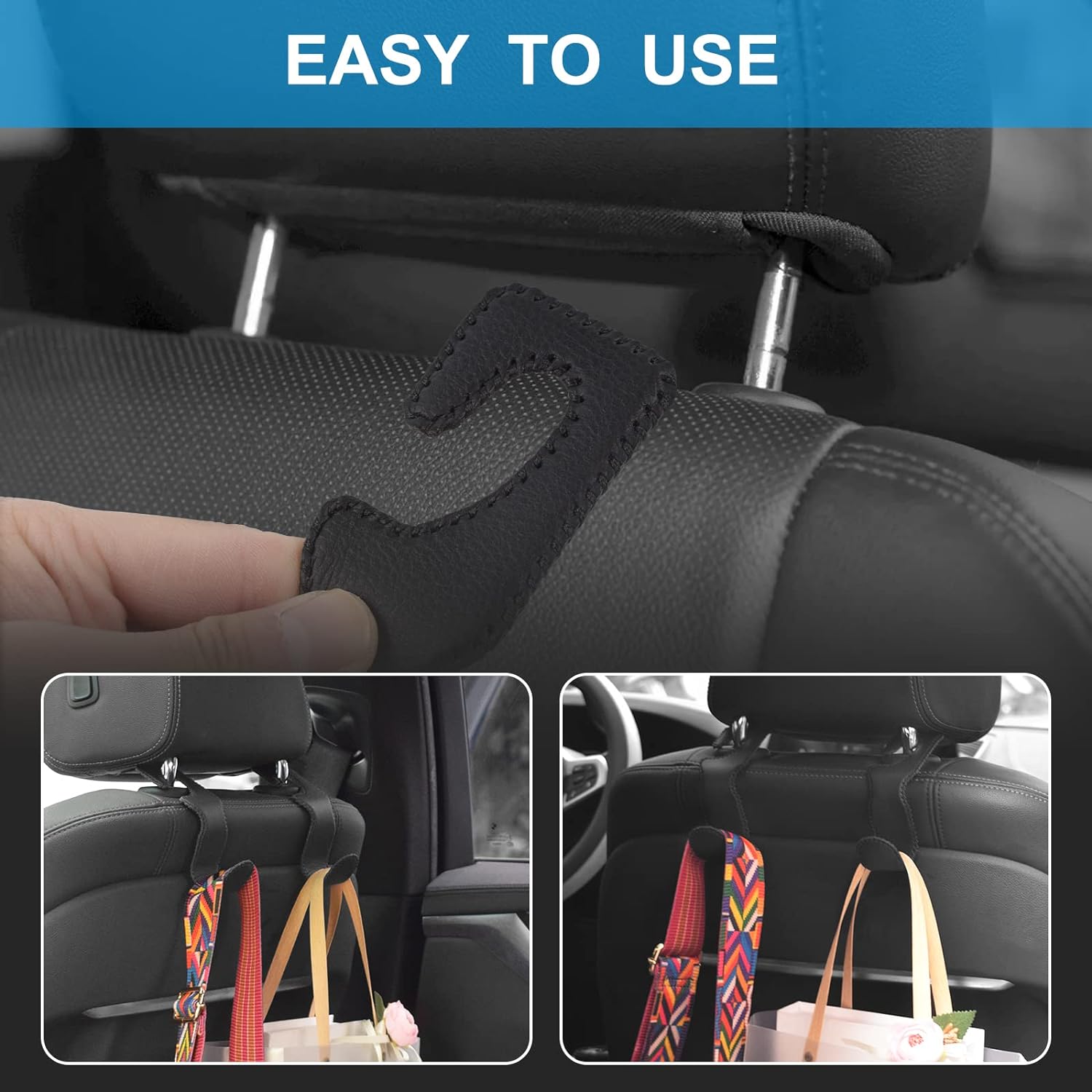 EldHus Seat Hooks for Purses and Bags, 4 Pack Car Purse Holder for Grocery Bag Handbag Clothes, Metal Headrest Hooks Covered by Leather, Black