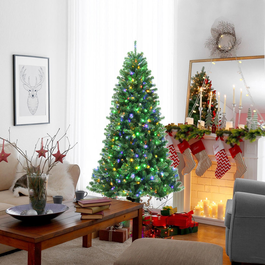 Gymax 6 FT Pre-lit Artificial Christmas Tree Hinged Xmas Tree w/ 9 Lighting Modes