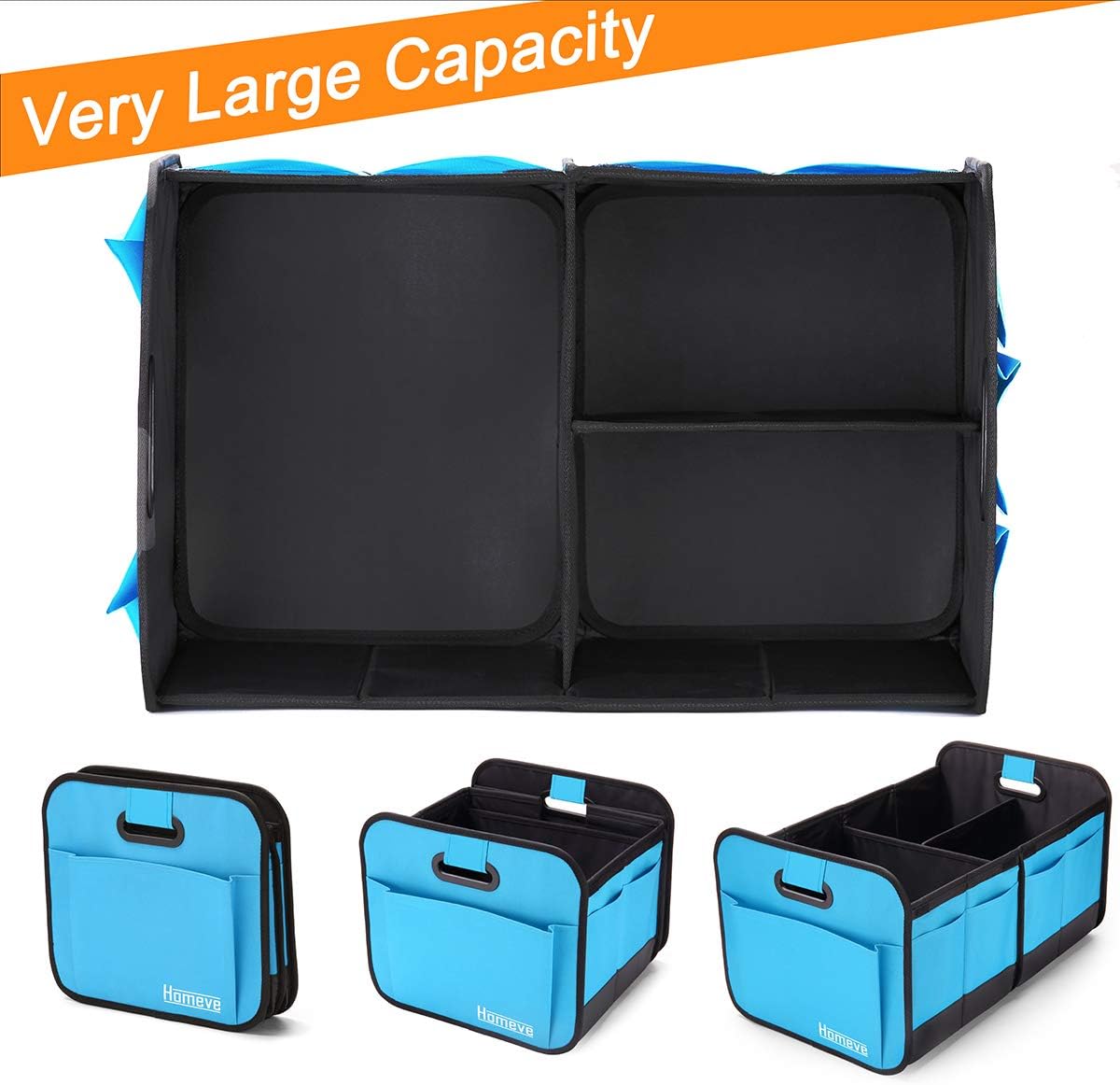 Homeve Trunk Organizer for Car, Car Storage, Reinforced Handles, Collapsible Multi-Compartment Car Organizers Foldable and Waterproof, 600D Oxford Polyester, Suitable for Any Car, SUV, Mini-Van, Blue