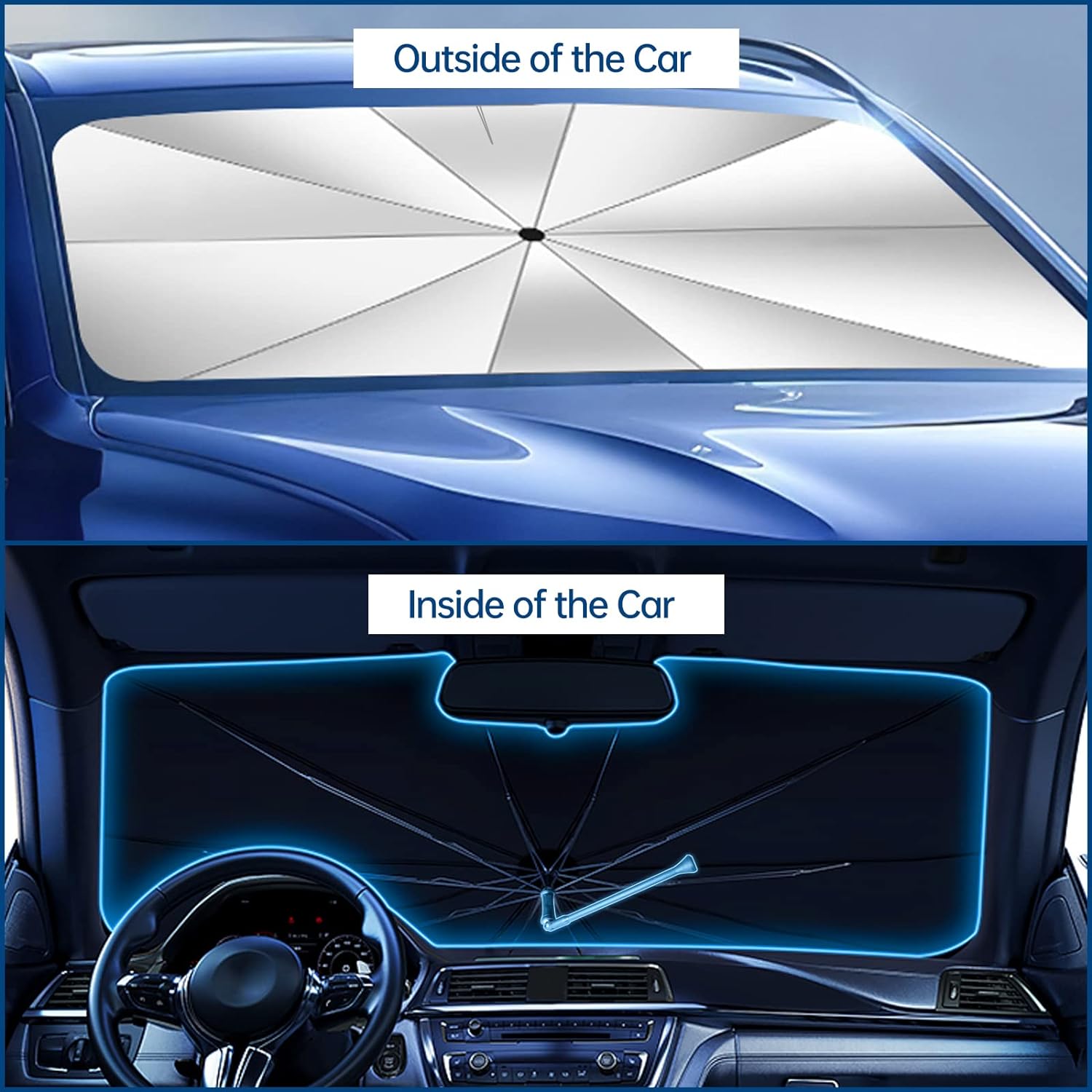 Car Windshield Sun Shade Umbrella, Upgraded Windshield Sunshades with 360° Rotation Bendable Handle, Foldable Automotive Windshield Shades, Full Cover Sun Shade for Most Vehicles
