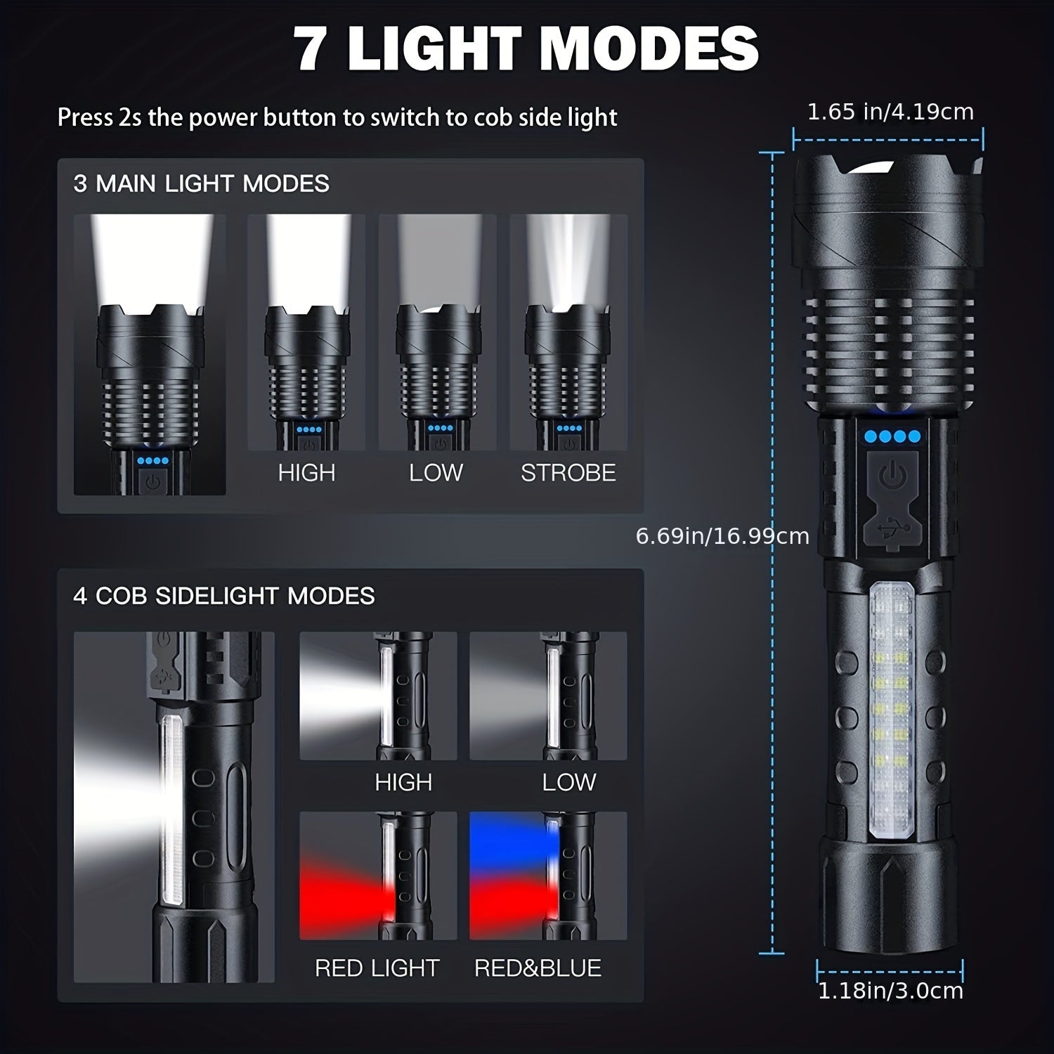 Super Powerful Flashlight Rechargeable Torch Light High Power Strong LED White Flash Light Tactical Lantern with Charging Cable