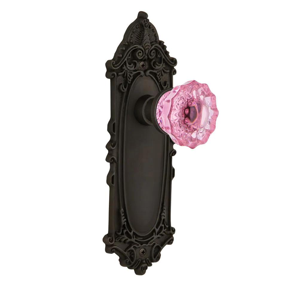 Victorian Plate 2-3/8 in. Backset Oil-Rubbed Bronze Privacy Bed/Bath Crystal Pink Glass Door Knob