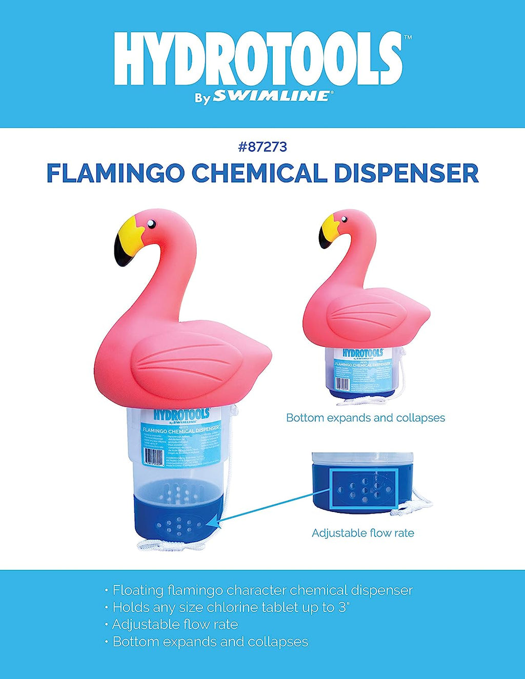 SWIMLINE HYDROTOOLS 87273 Flamingo Large Capacity Pool &amp; Spa Chemical Dispenser | Compatible With Bromine &amp; Chlorine Supports 1-3’’ Tablets | Adjustable For Customizable Flow Rate | Cost Effective
