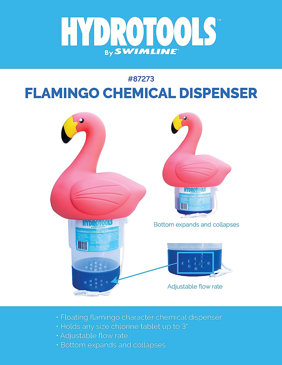 SWIMLINE HYDROTOOLS 87273 Flamingo Large Capacity Pool &amp; Spa Chemical Dispenser | Compatible With Bromine &amp; Chlorine Supports 1-3’’ Tablets | Adjustable For Customizable Flow Rate | Cost Effective