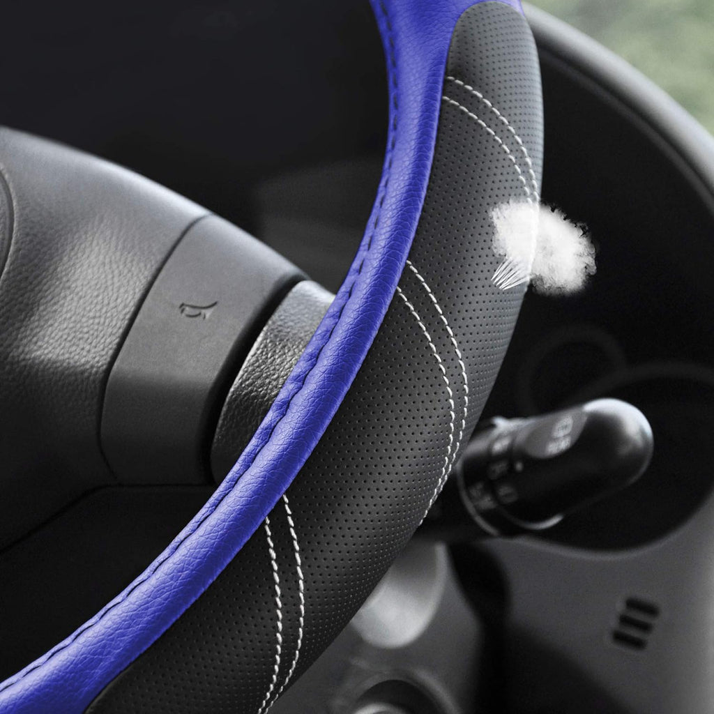 Elantrip Steering Wheel Cover Leather 14 1/2 to 15 inch Universal Padded Soft Grip Breathable for Car Truck SUV Jeep Anti Slip Blue and Black