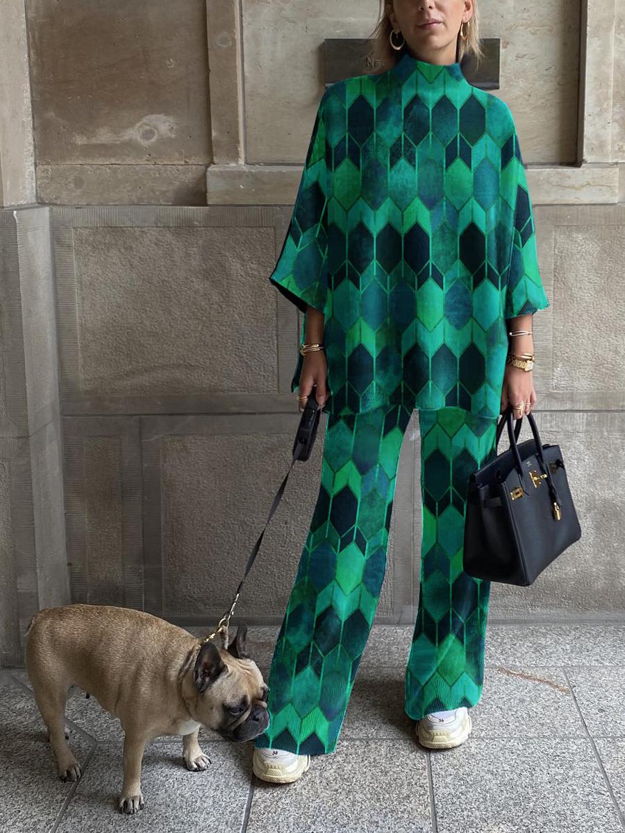 Women's Fashion Geometric Rhombus Stitching Printing Loose And Comfortable Suit