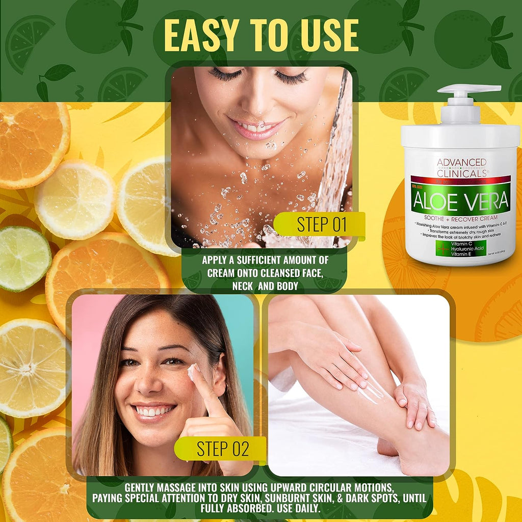 Advanced Clinicals Aloe Vera, Vitamin C &amp; Hyaluronic Acid Face &amp; Body Cream, Moisturizing Skincare for Dry, Age Spots &amp; Sun Damaged Skin, 16 oz (Pack of 2)