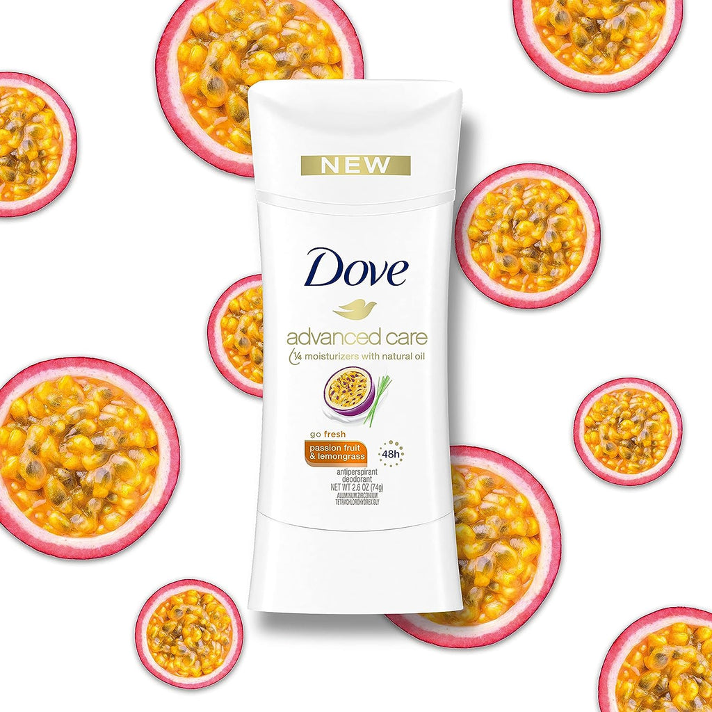 Dove Advanced Care Deodorant Passion Fruit + Lemongrass 4 Count for 48-Hour Sweat and Odor Protection Non-Irritating Antiperspirant with 0% Alcohol 2.6 oz