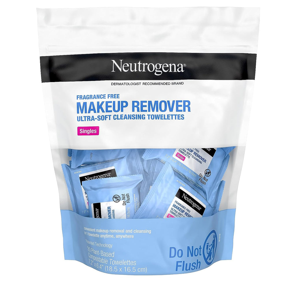 Neutrogena Fragrance-Free Makeup Remover Cleansing Towelette Singles, Individually-Wrapped Daily Face Wipes to Remove Dirt, Oil, Makeup &amp; Waterproof Mascara for Travel &amp; On-the-Go, 20 ct (Pack of 6)
