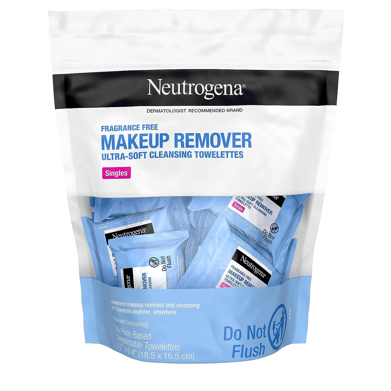 Neutrogena Fragrance-Free Makeup Remover Cleansing Towelette Singles, Individually-Wrapped Daily Face Wipes to Remove Dirt, Oil, Makeup &amp; Waterproof Mascara for Travel &amp; On-the-Go, 20 ct (Pack of 6)